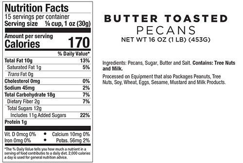 16 oz Butter Toasted Pecans Nutritional Information